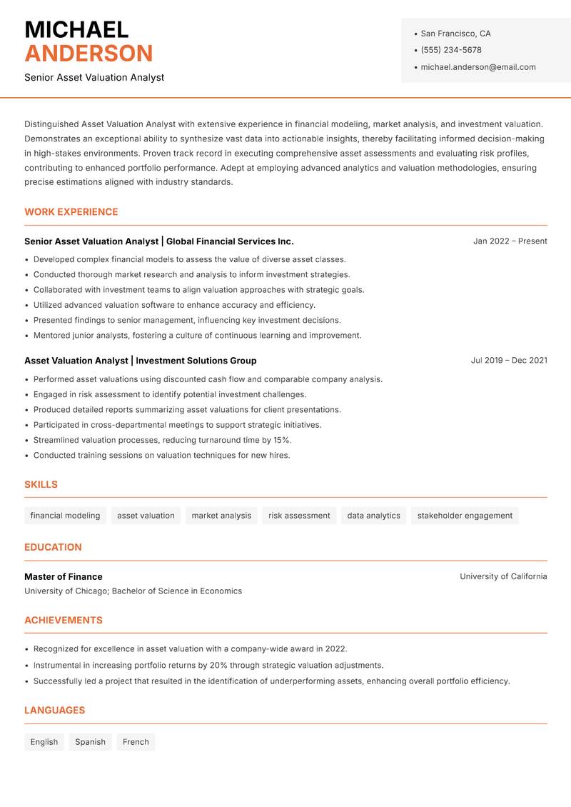 Asset Valuation Analyst Resume Template