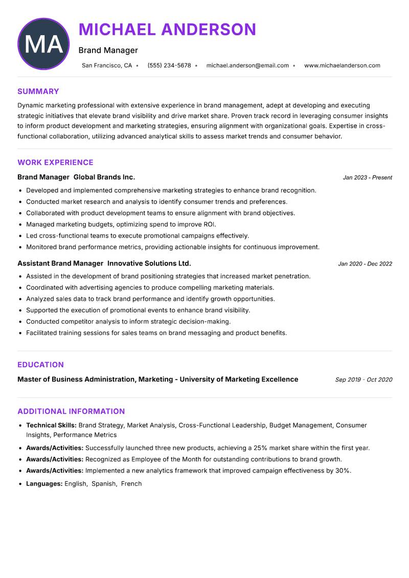 Assistant Brand Manager Resume Preview Example