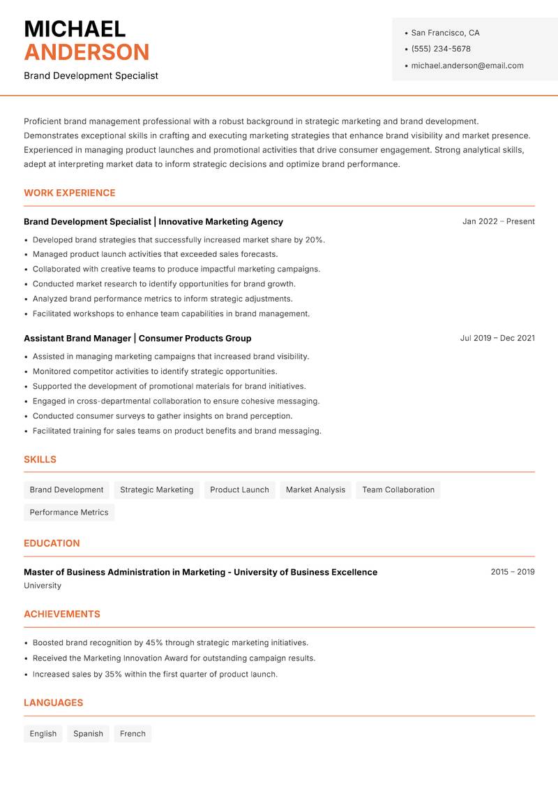 Assistant Brand Manager Resume Template