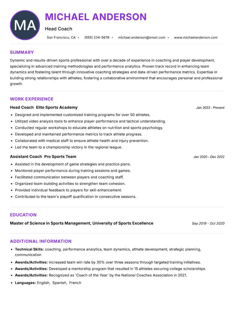 Assistant Coach Professional Sports Resume Preview Example