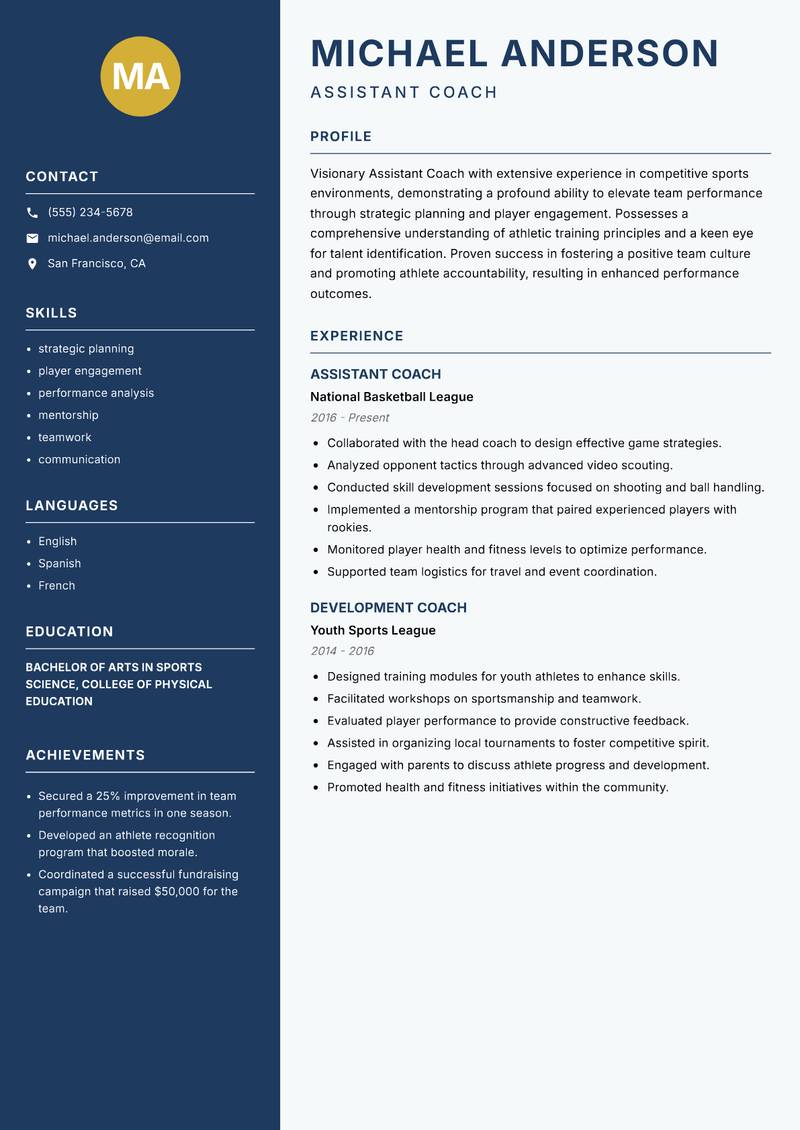 Assistant Coach Professional Sports Resume Preview Example