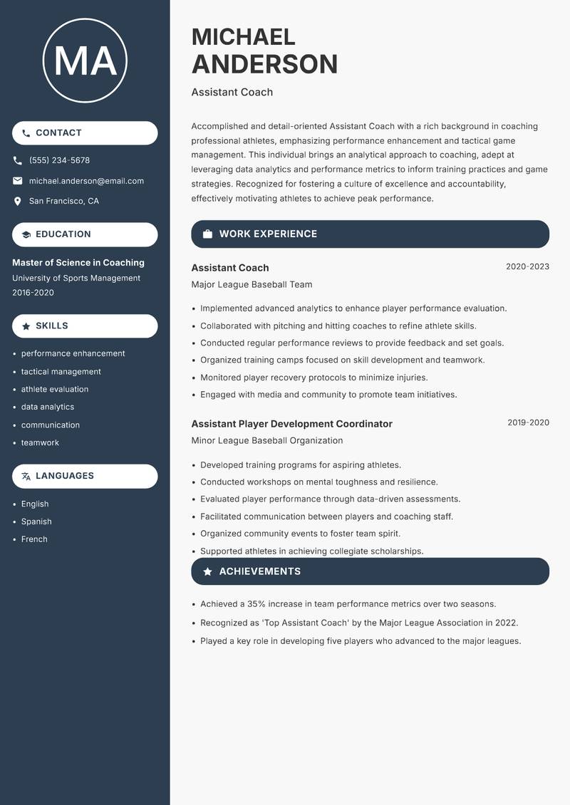 Assistant Coach Professional Sports Resume Preview Example