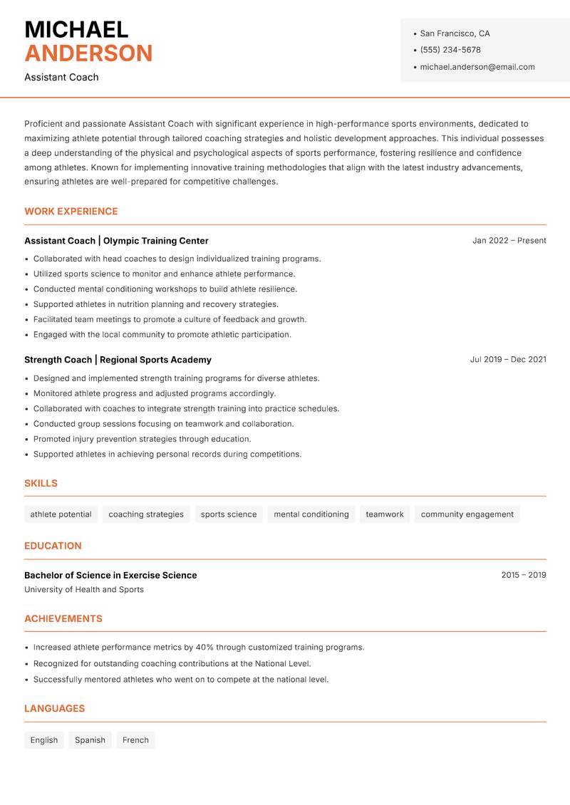 Assistant Coach Professional Sports Resume Template