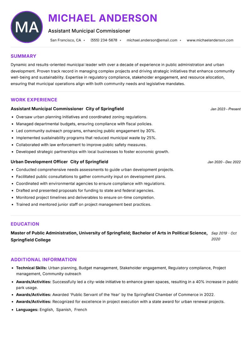 Assistant Municipal Commissioner Resume Preview Example