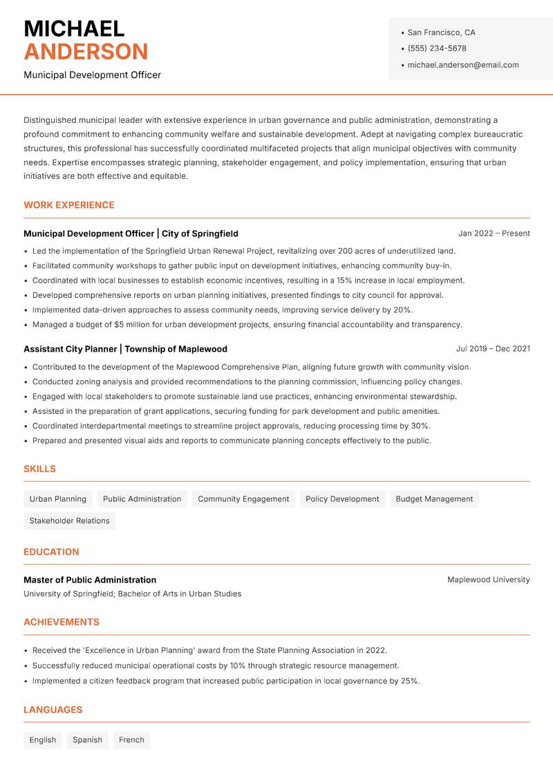 Assistant Municipal Commissioner Resume Template