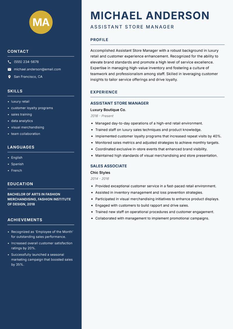 Assistant Store Manager Resume Preview Example