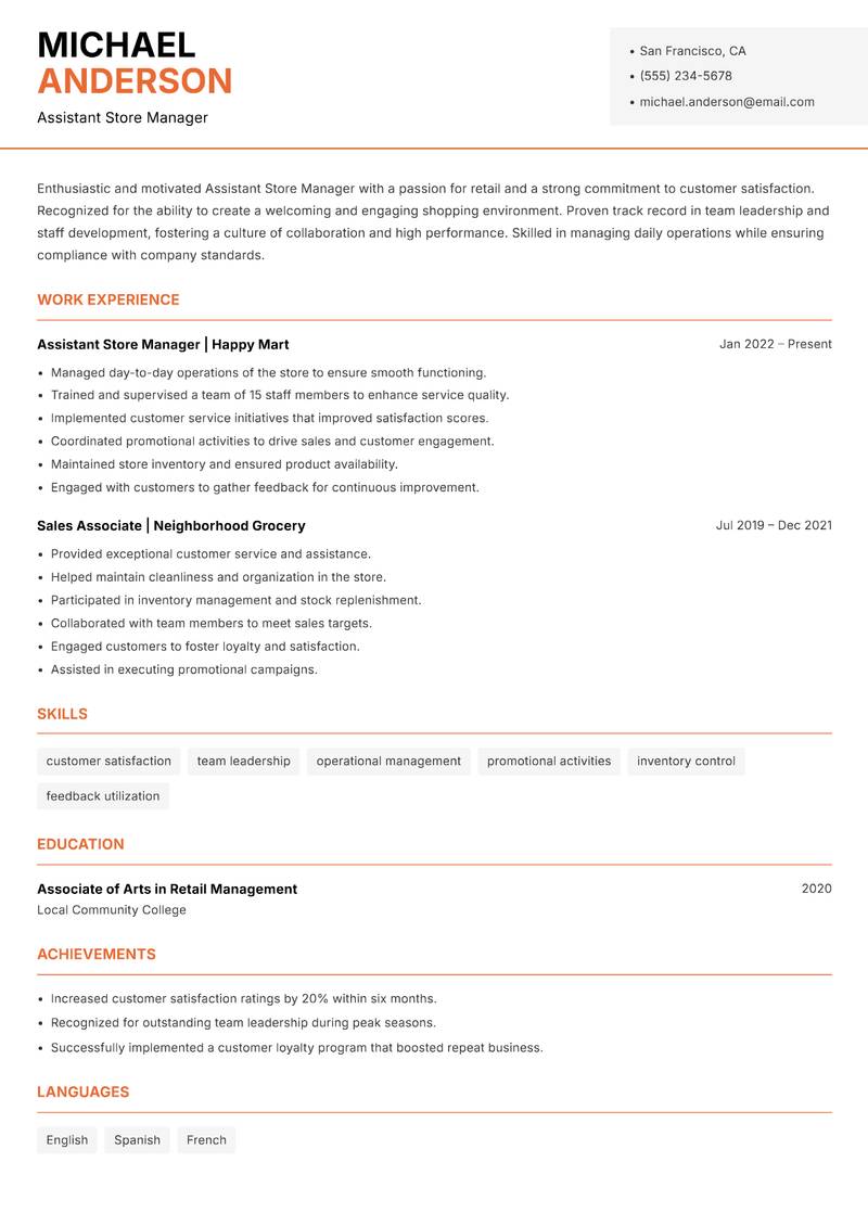 Assistant Store Manager Resume Template
