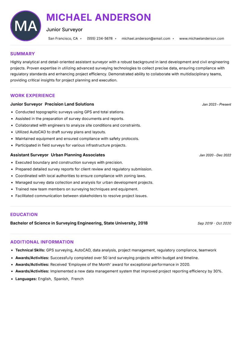 Assistant Surveyor Resume Preview Example