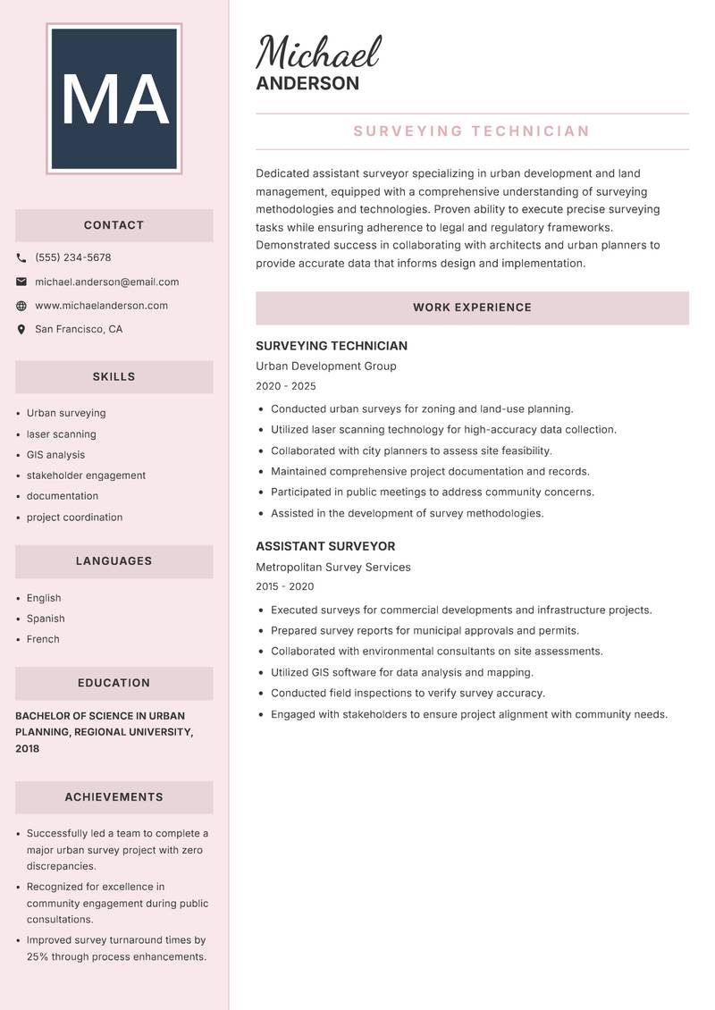Assistant Surveyor Resume Preview Example