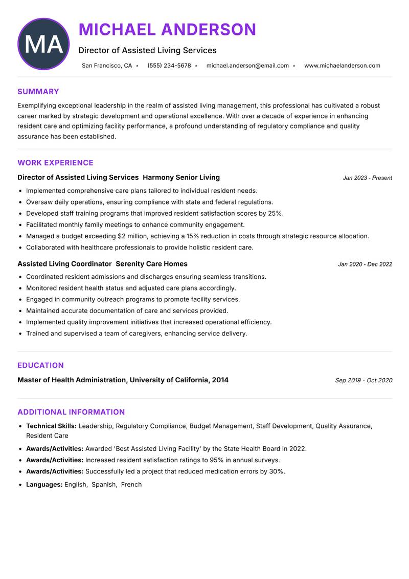 Assisted Living Facility Manager Resume Preview Example