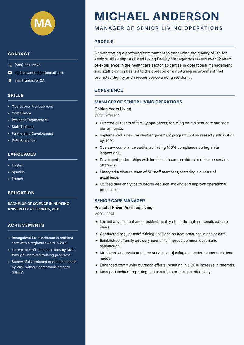 Assisted Living Facility Manager Resume Preview Example