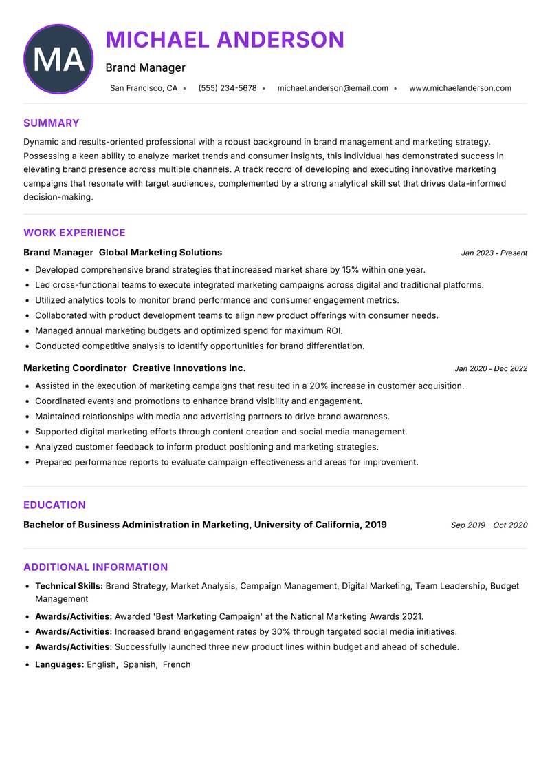Associate Brand Manager Resume Preview Example