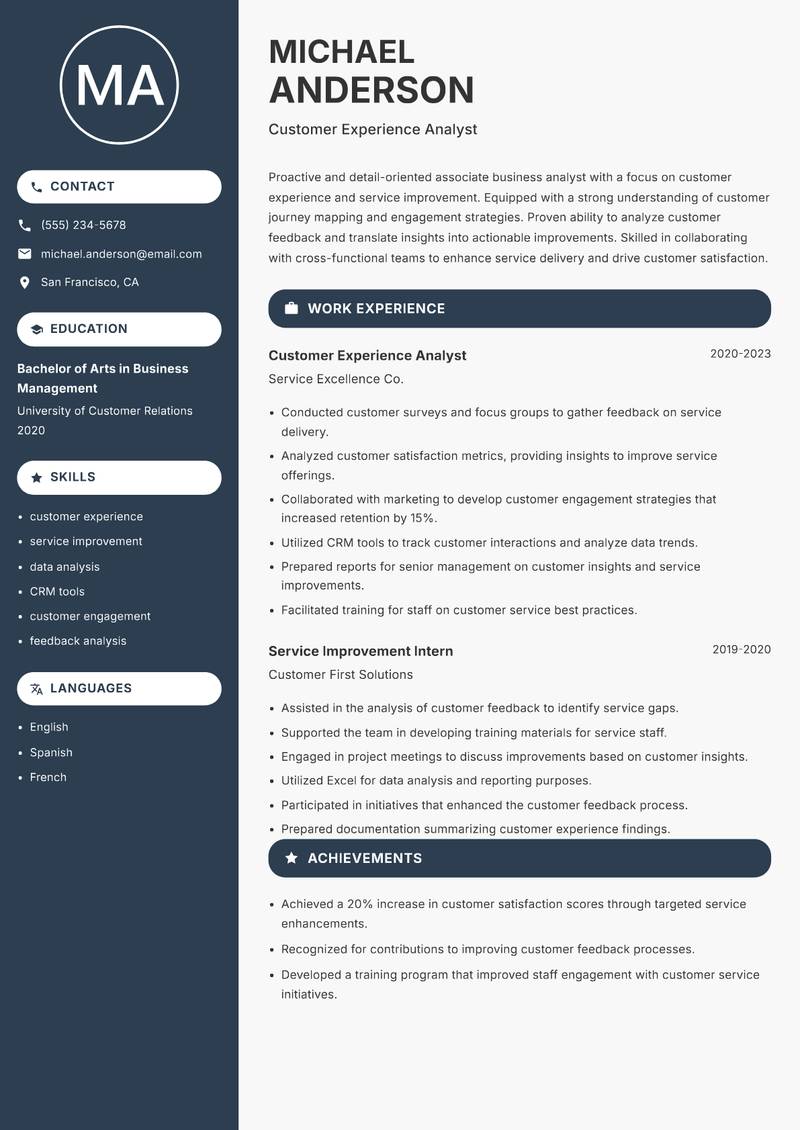 Associate Business Analyst Resume Preview Example