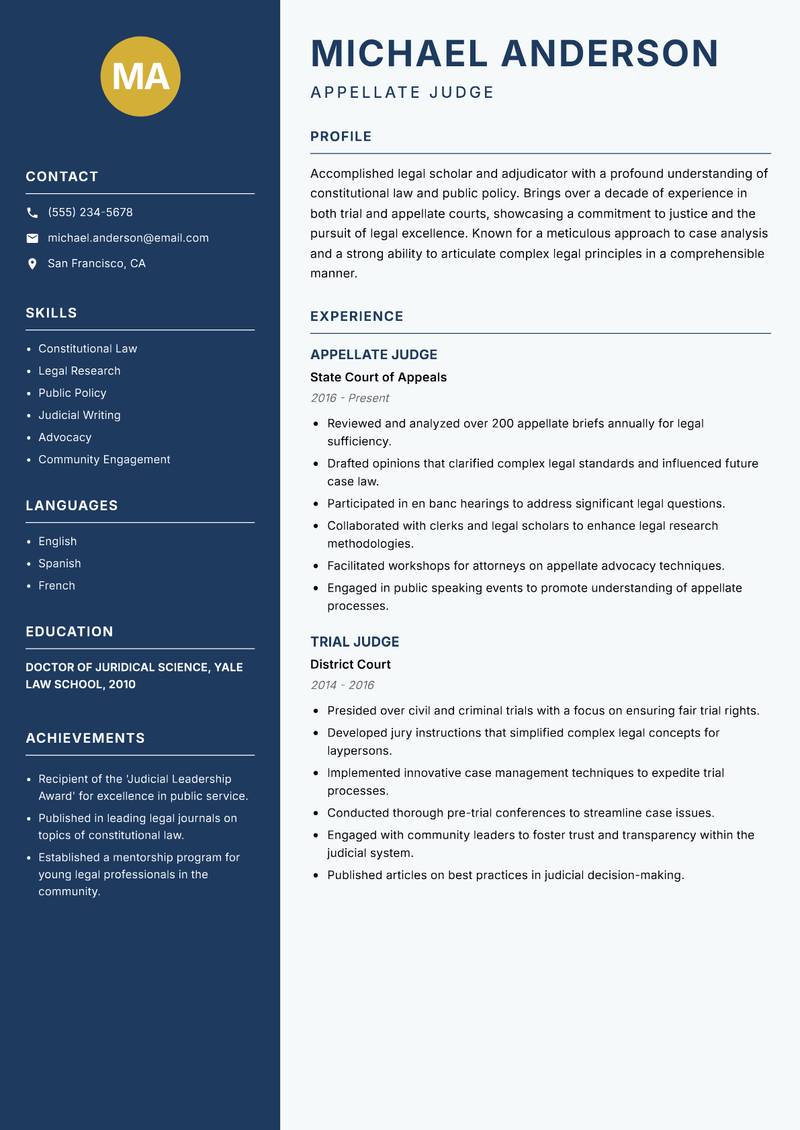 Associate Judge Resume Preview Example