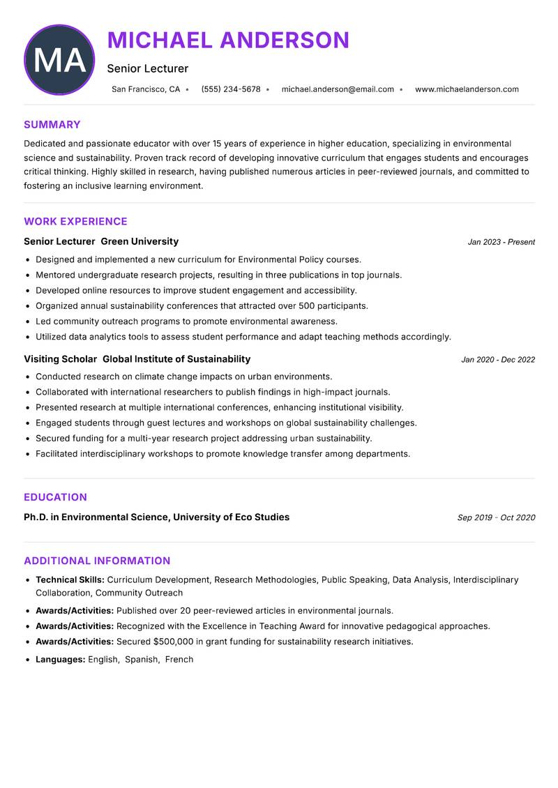 Associate Professor Resume Preview Example