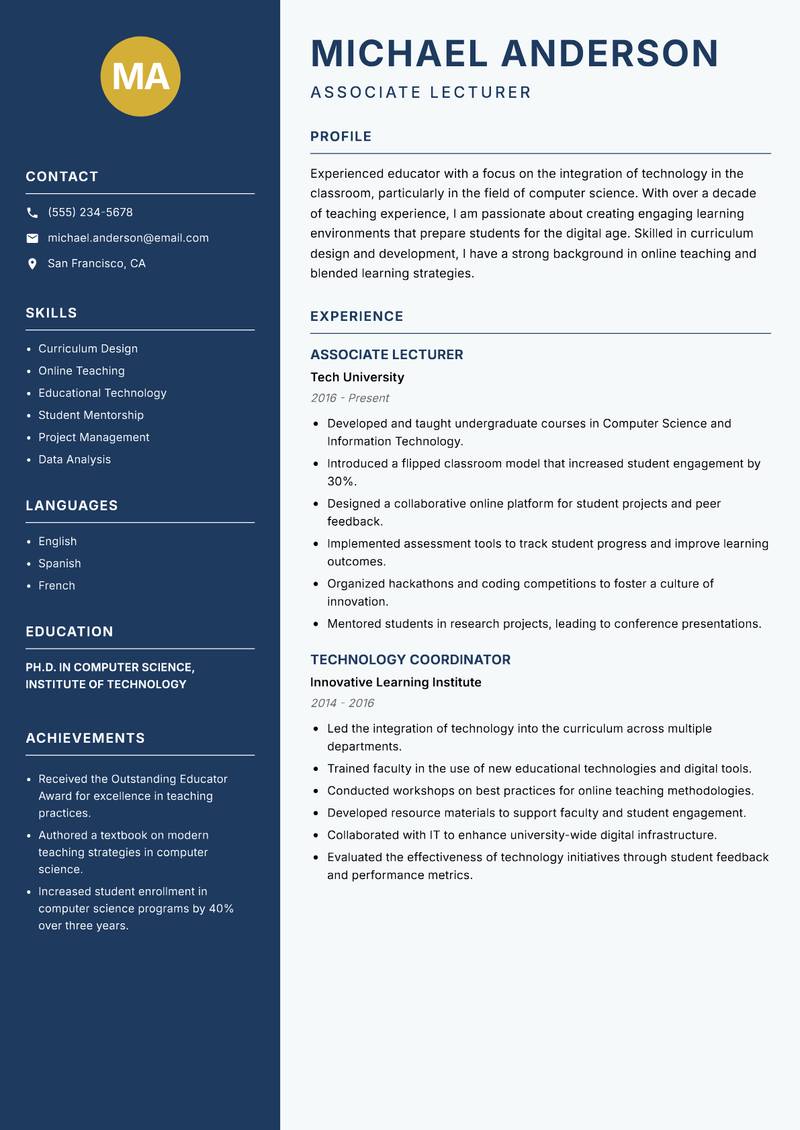 Associate Professor Resume Preview Example