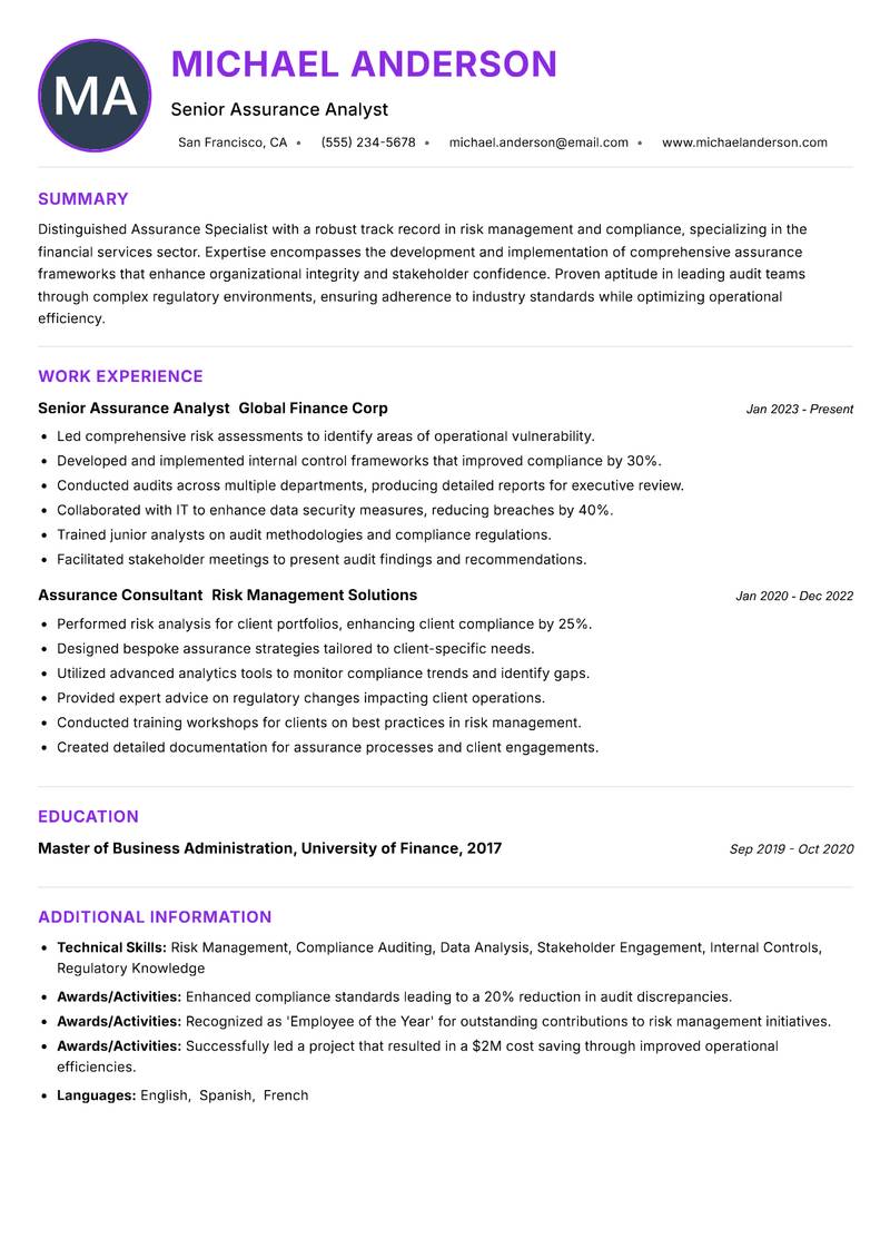 Assurance Specialist Resume Preview Example