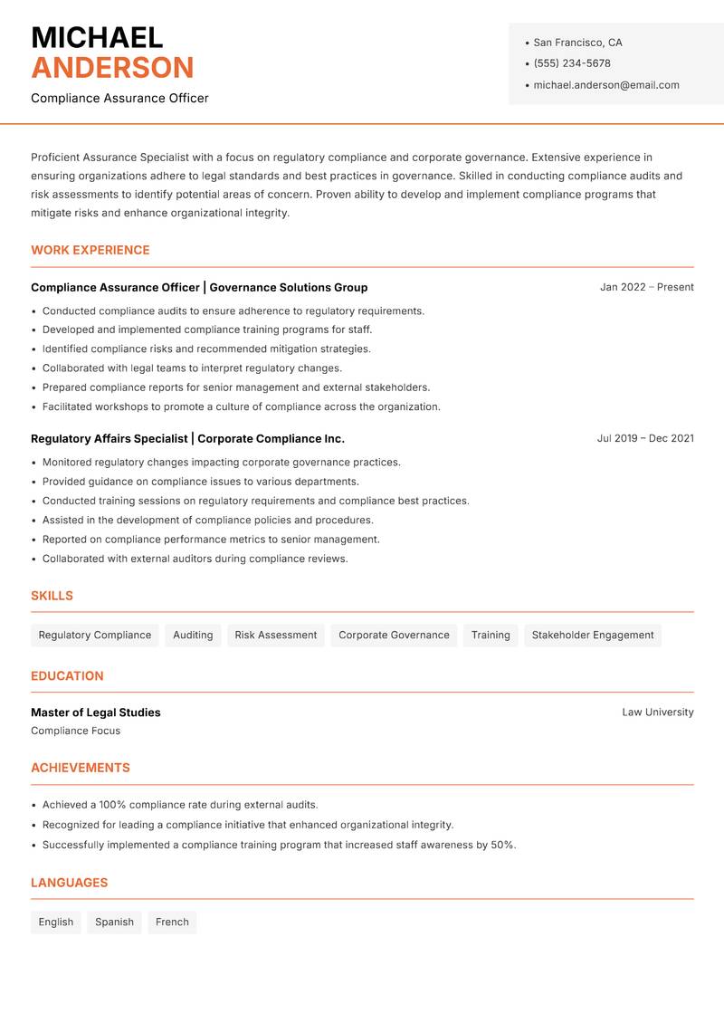 Assurance Specialist Resume Template