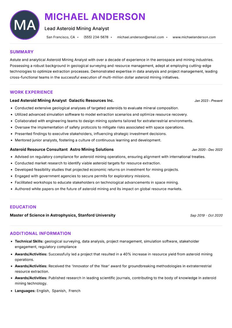 Asteroid Mining Analyst Resume Preview Example