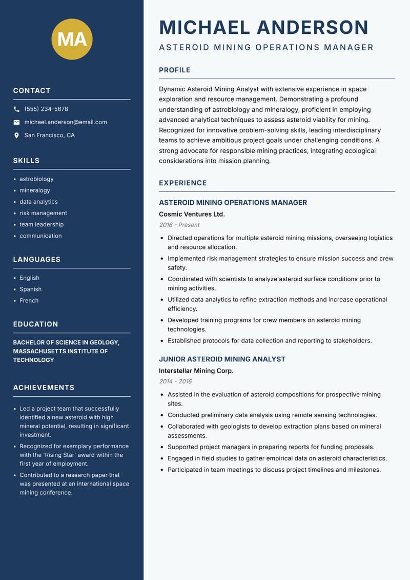 Asteroid Mining Analyst Resume Preview Example