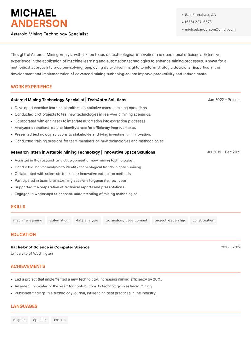 Asteroid Mining Analyst Resume Template