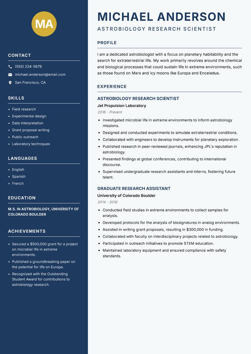 Astrobiologist Resume Preview Example