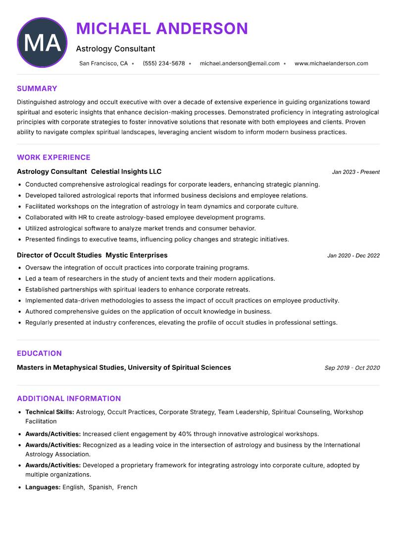 Astrology and Occult Executive Resume Preview Example