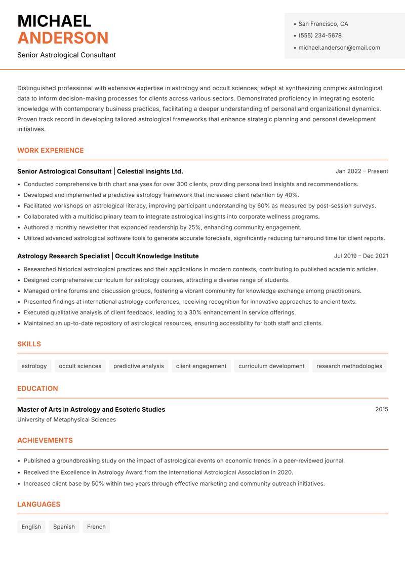 Astrology and Occult Officer Resume Template