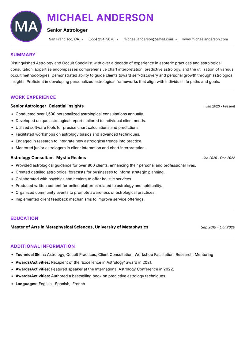 Astrology and Occult Specialist Resume Preview Example