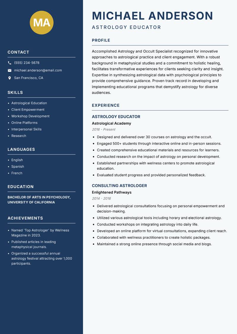 Astrology and Occult Specialist Resume Preview Example
