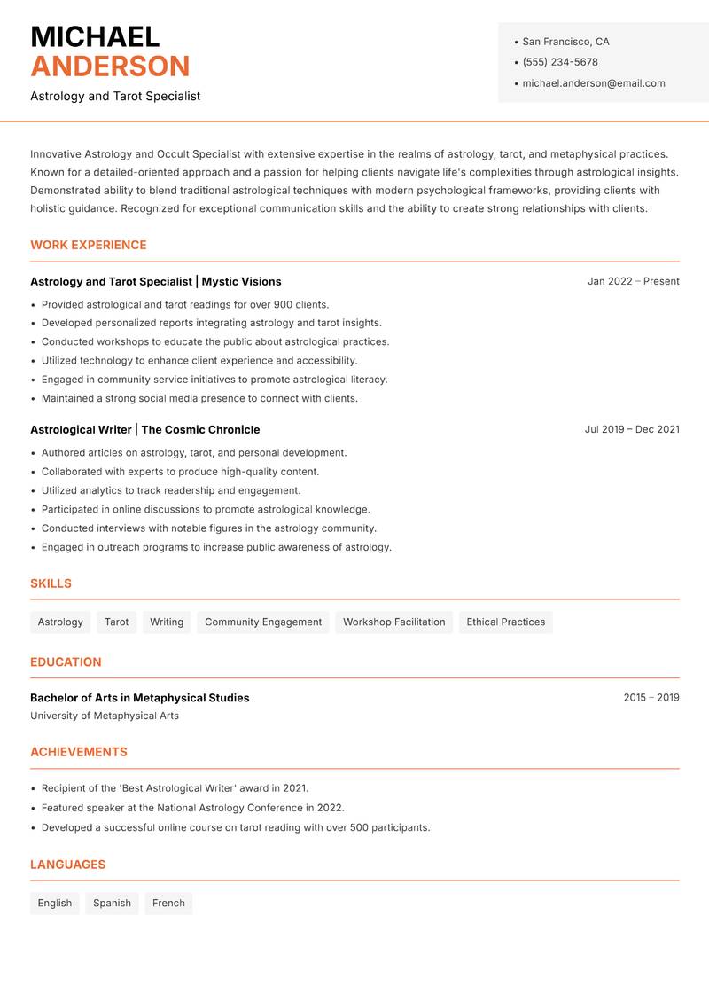 Astrology and Occult Specialist Resume Template