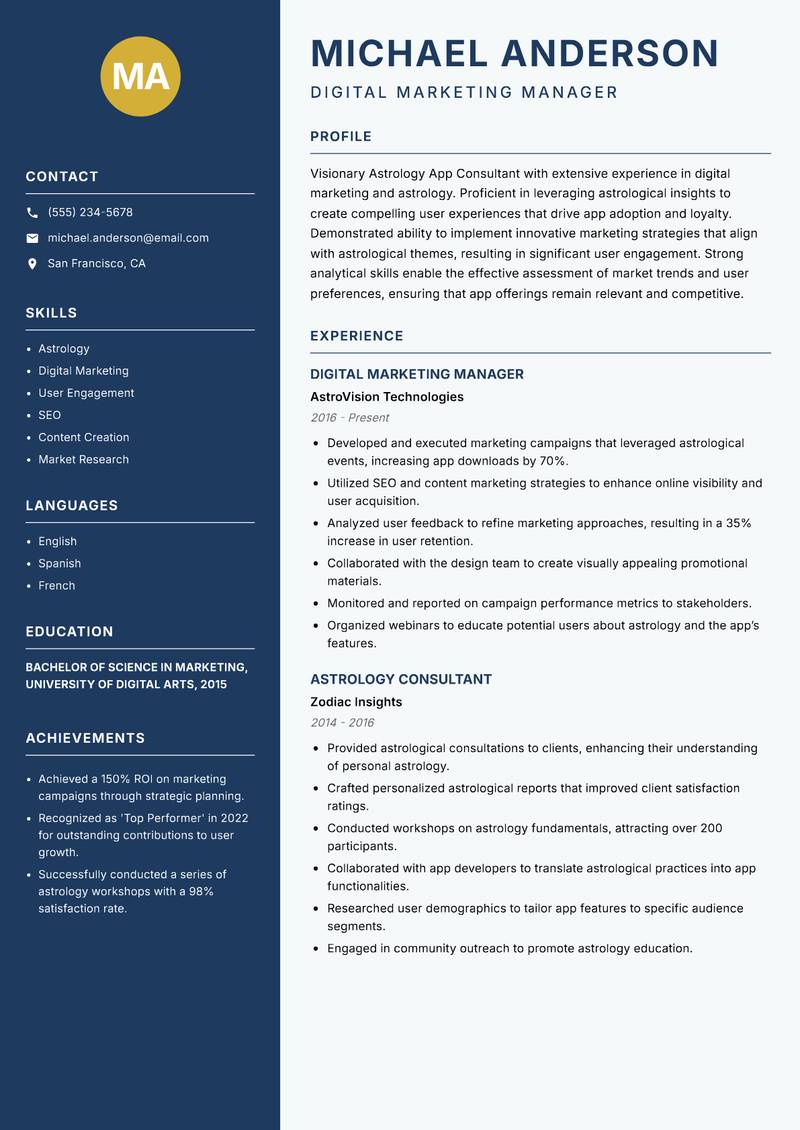Astrology App Consultant Resume Preview Example