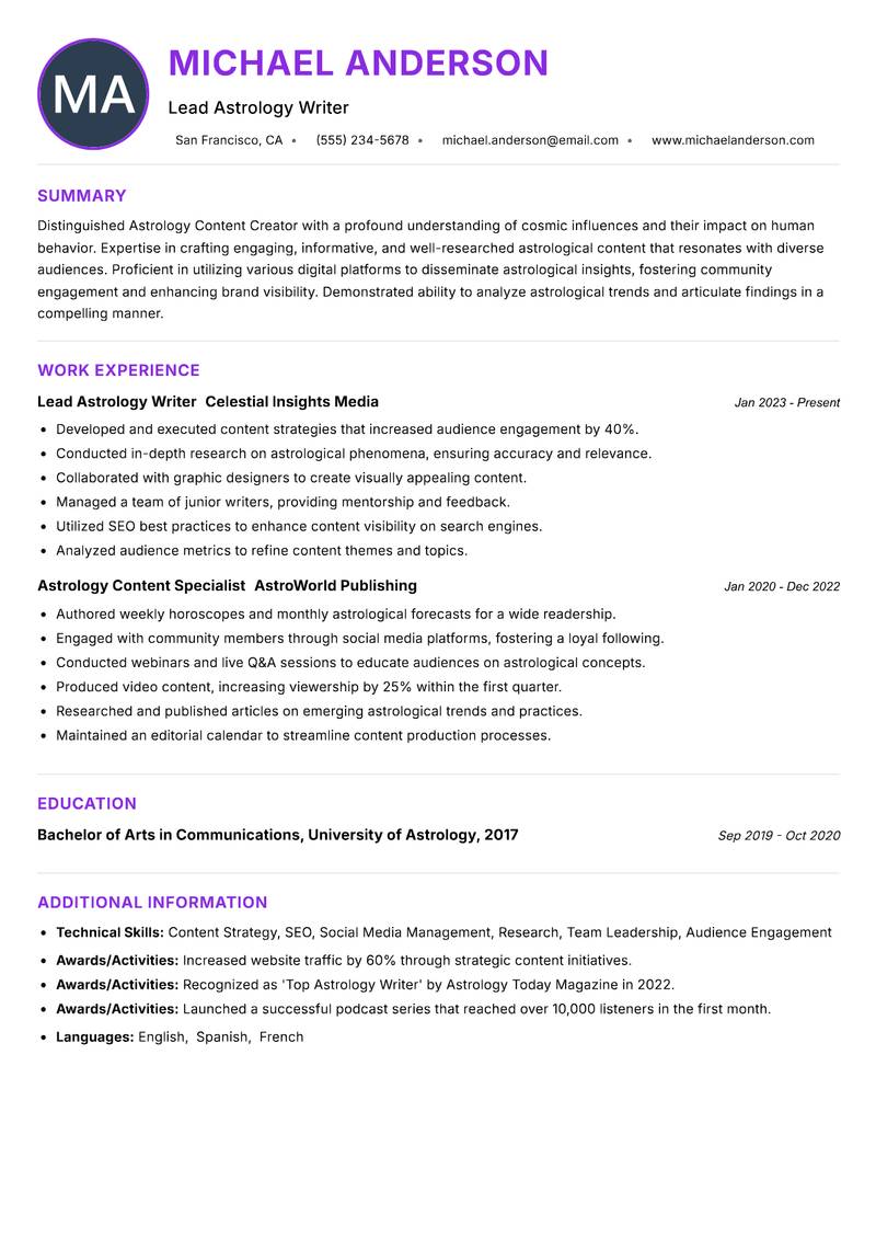 Astrology Content Creator Resume Preview Example