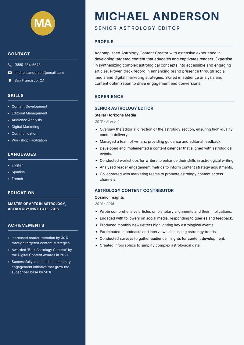 Astrology Content Creator Resume Preview Example