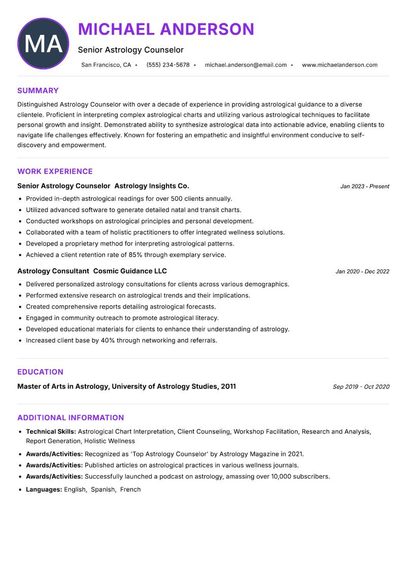 Astrology Counselor Resume Preview Example