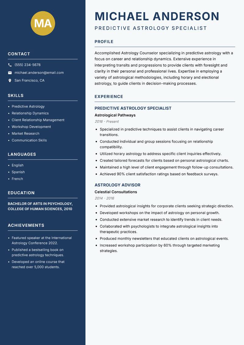 Astrology Counselor Resume Preview Example