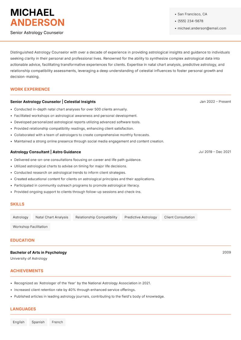Astrology Counselor Resume Template