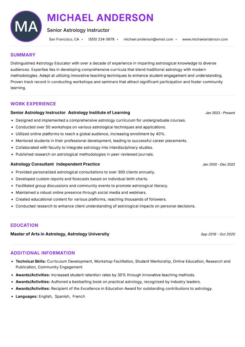 Astrology Educator Resume Preview Example
