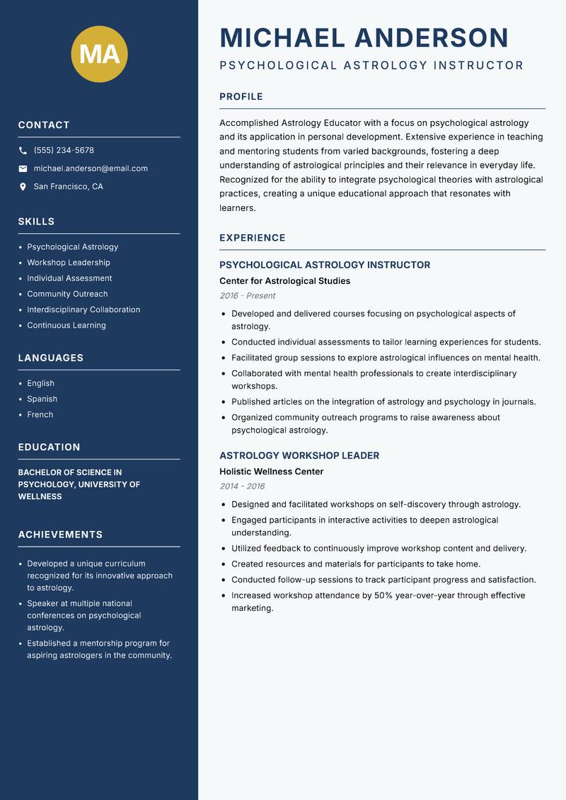 Astrology Educator Resume Preview Example