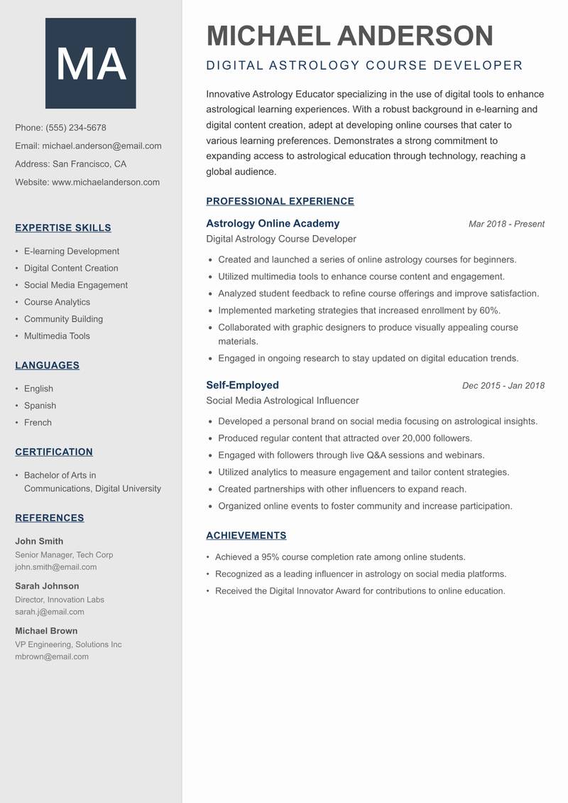 Astrology Educator Resume Preview Example