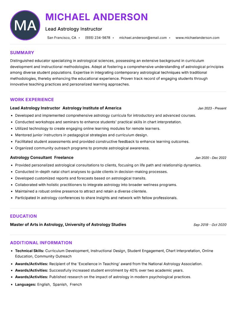 Astrology Instructor Resume Preview Example