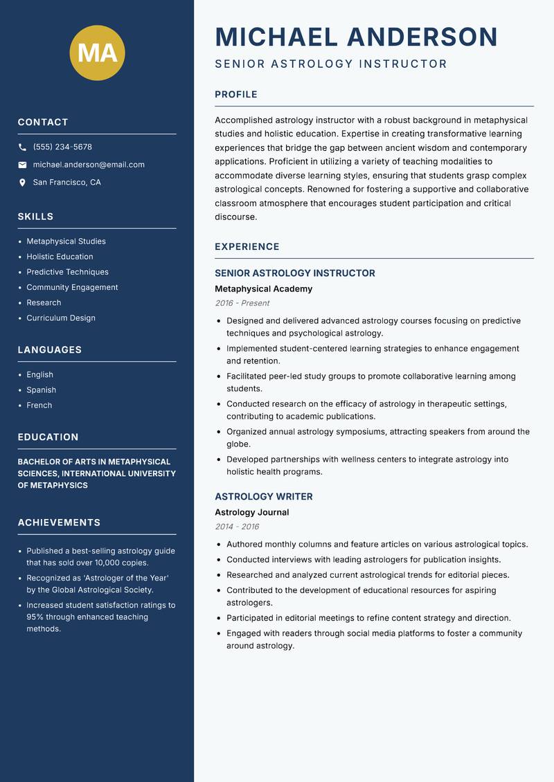 Astrology Instructor Resume Preview Example