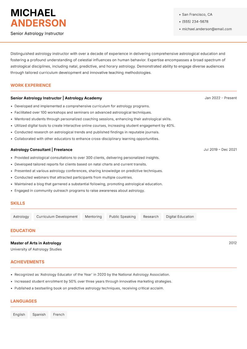 Astrology Instructor Resume Template