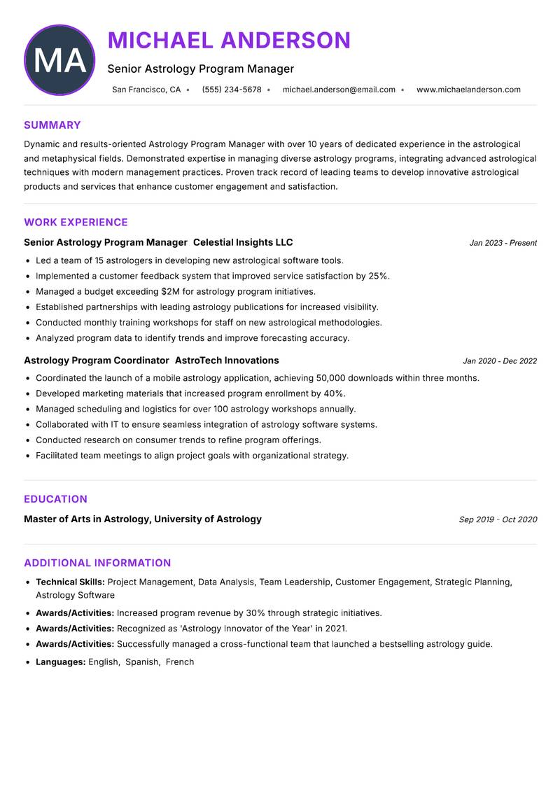 Astrology Program Manager Resume Preview Example
