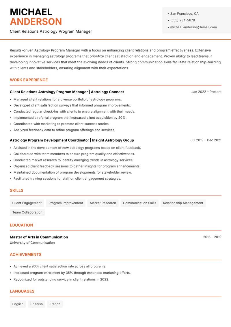 Astrology Program Manager Resume Template