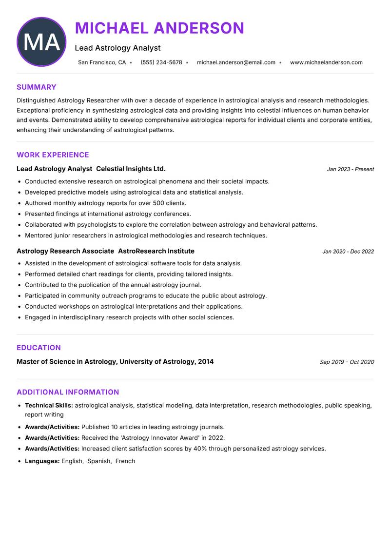 Astrology Researcher Resume Preview Example