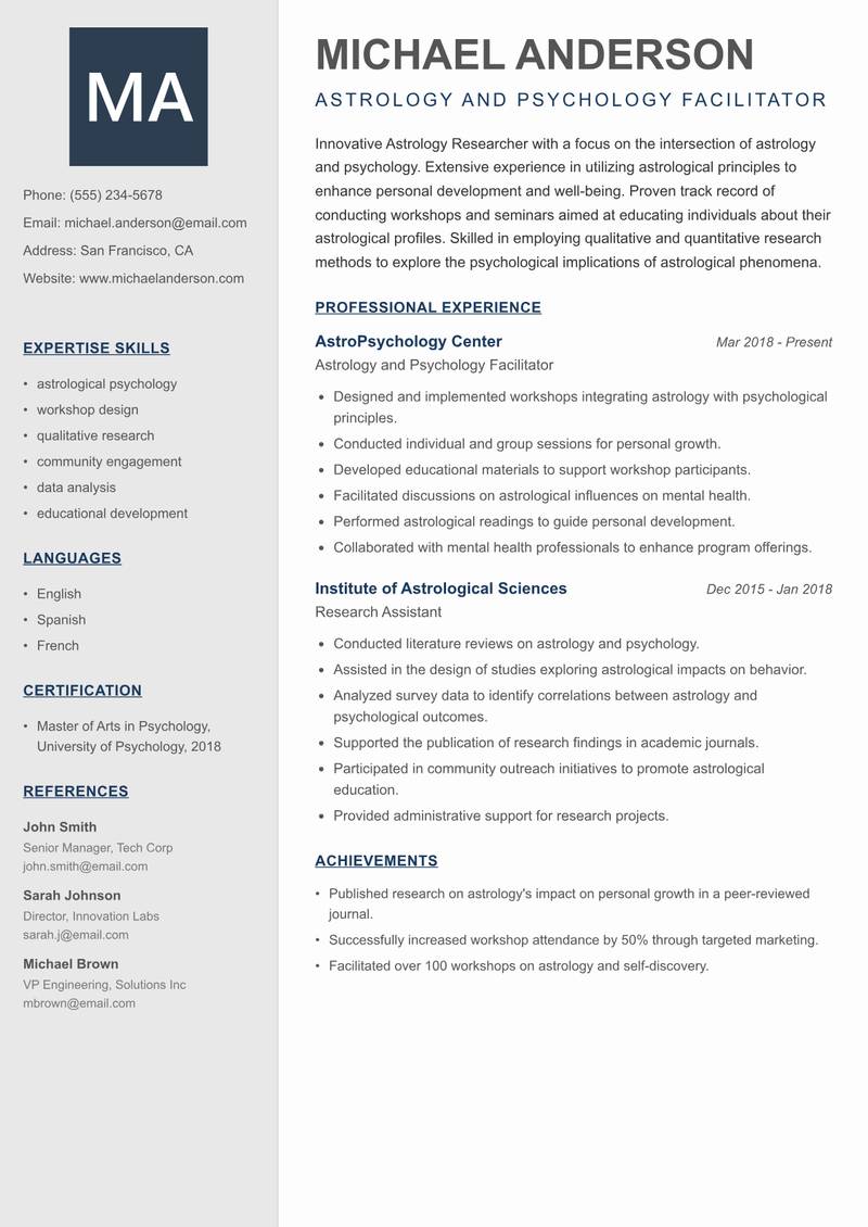 Astrology Researcher Resume Preview Example