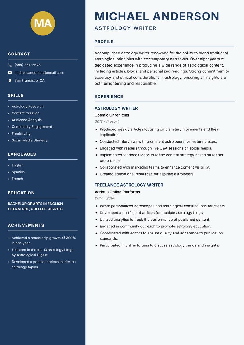 Astrology Writer Resume Preview Example