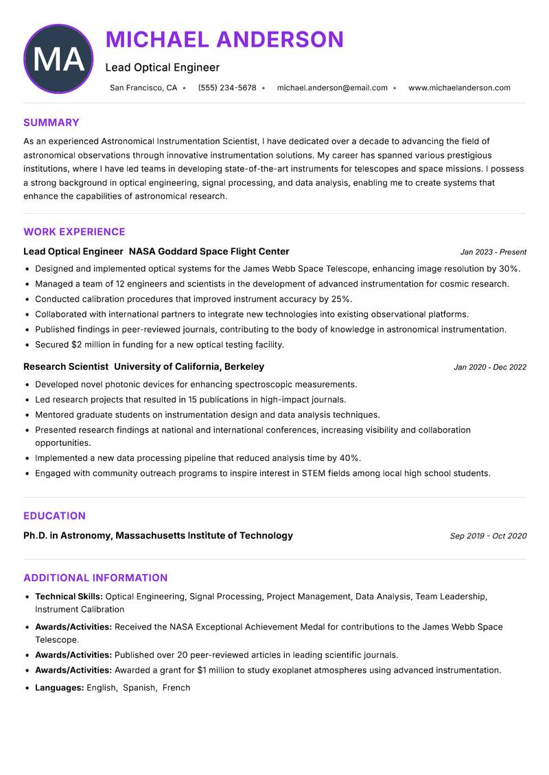 Astronomical Instrumentation Scientist Resume Preview Example