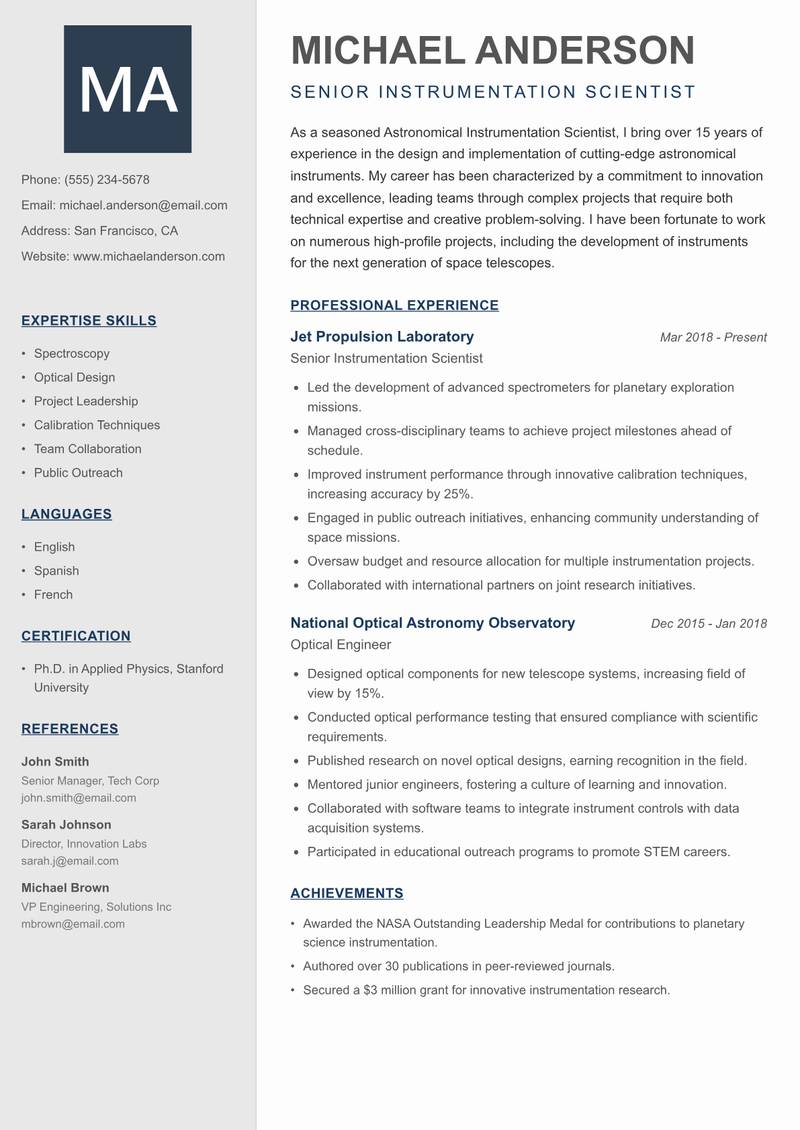 Astronomical Instrumentation Scientist Resume Preview Example